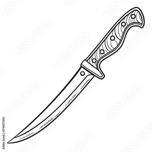A sharp stainless steel hunting knife with a black handle and silver blade is a single metallic object isolated on a white background for professional kitchen or cutting equipment use