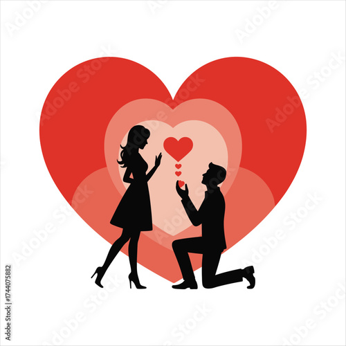 Romantic Marriage Proposal with Hearts and Silhouette Figures Illustration