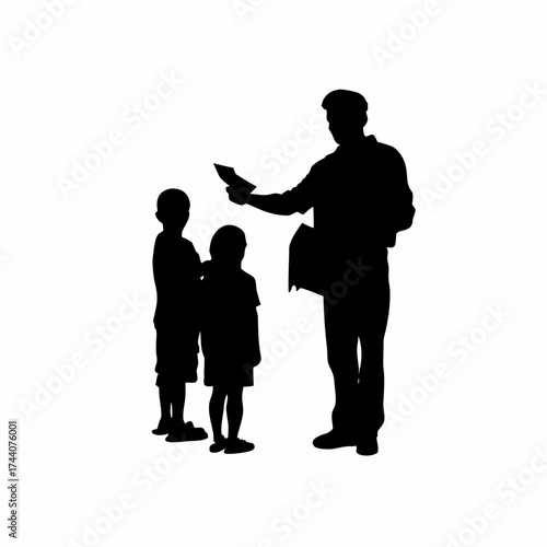 Silhouette of clean water campaign worker distributing leaflets to villagers isolated on white background