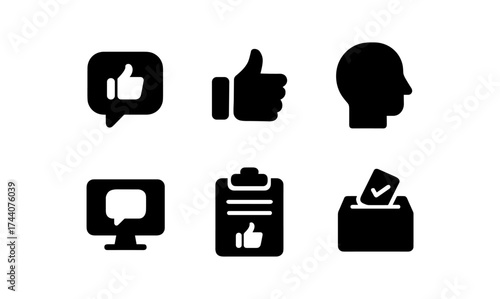 Flat design icons set with thumbs up, chat, and voting elements for communication