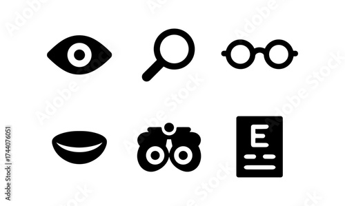 Eye care and vision icons in black silhouette style for health and optometry