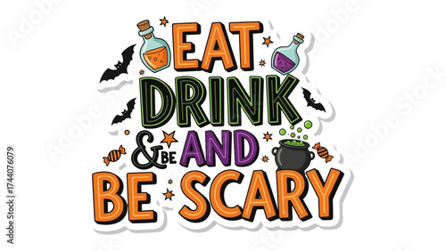 Spooky Feast Invitation: A vibrant, inviting graphic announces a Halloween get-together. Eat, Drink, and Be Scary promises a fun.