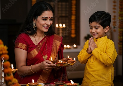 A smiling indian mother in a red saree and her young son in a yellow kurta are celebrating diwali, holding diyas and offering prayers, with warm light illuminating the festive atmosphere