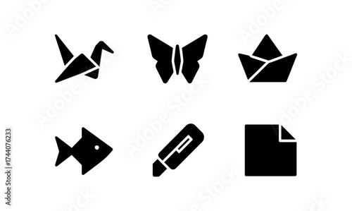 Minimalist origami icons: paper crane, butterfly, boat, fish, pen, note