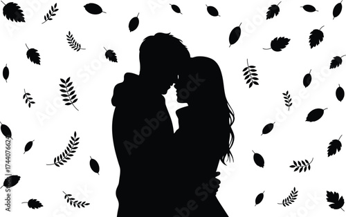 Silhouette of Couple Embracing in Fall Leaves Minimalist Vector Design