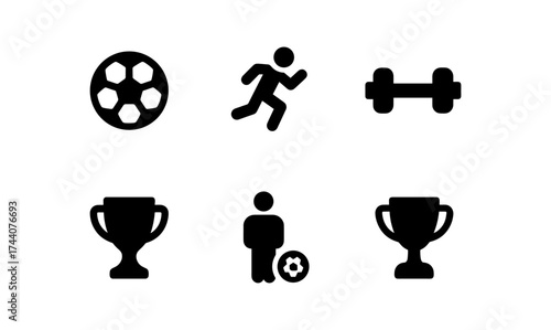 Sports icon set: fitness, running, soccer, and trophies in bold minimalist design