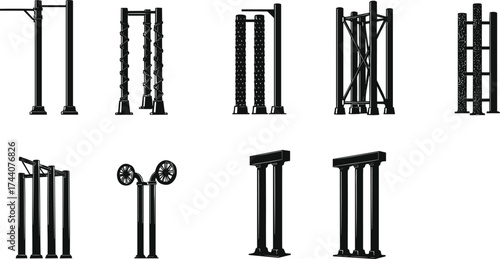 Set of outdoor fitness equipment silhouettes, public park workout stations, exercise structure vector illustration for health, training, and urban design themes