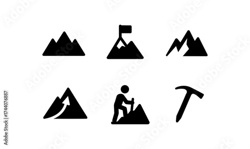 Mountain hiking icons set with peaks, flags, and climbers in minimalist silhouette style