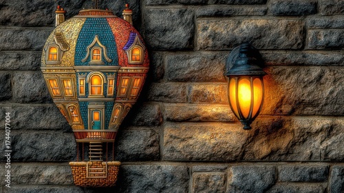 Fantasy hot air balloon design on brick wall next to a decorative lantern