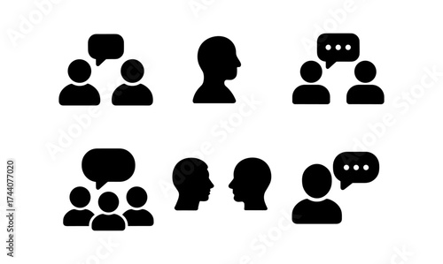 Silhouette icons of people communicating in various conversation scenarios