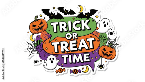 Spooky Halloween Design: An enchanting illustration of 'Trick or Treat Time' with Halloween symbols. Features pumpkins, bats, ghosts, spiders, and webs, inviting all for a night of ghostly adventure.