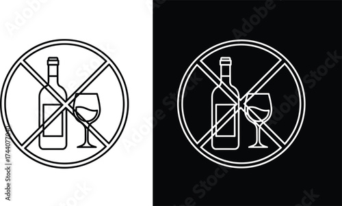 No alcohol symbol illustration, wine bottle and glass prohibition sign, black and white vector design, dual background contrast, restriction concept art