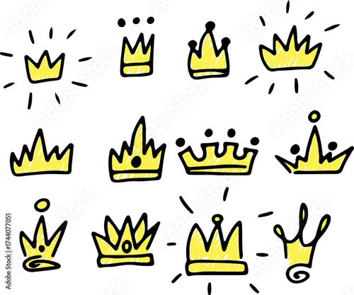 Colorful set of royal accessories featuring a golden crown, tiara, and diadem in flat cartoon style. Includes line art sketches of crowns. Drawn with black curved lines in grunge style