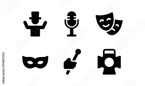 Theater icons: mask, microphone, and stage elements in solid black style