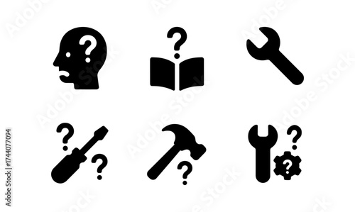Silhouette icons: tools and troubleshooting symbols with question marks
