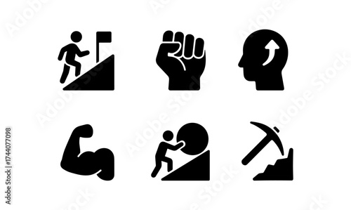 Empowerment and achievement icons set featuring motivation and progress symbols