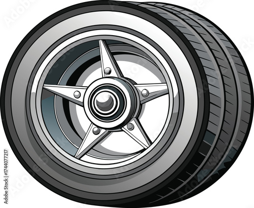 Vintage starburst wheel with whitewall tire close up