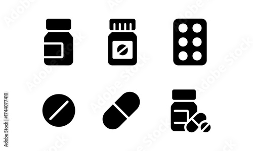 Medication pictograms: capsule, tablet, and pill bottle icons in silhouette style