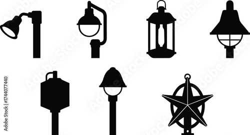 Set of outdoor lamp post silhouettes with nautical and decorative designs, vintage and modern lighting vector illustration for architecture themes