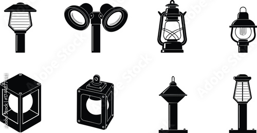 Set of industrial and outdoor lamp silhouettes, vintage and modern lighting fixtures, architectural vector illustration for infrastructure and design themes