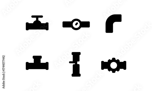 Silhouette plumbing components: black icons for water systems and pipe fittings