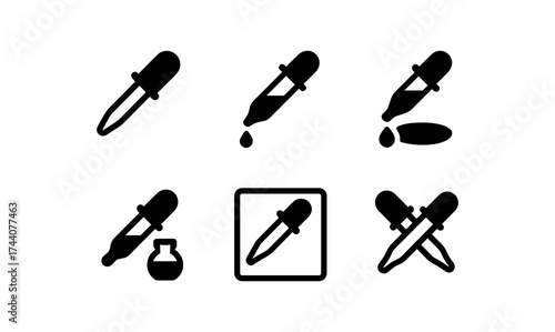 Set of black dropper icons on white background for medical and cosmetic applications