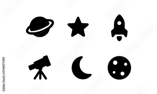 Minimalist space icons collection featuring planets, stars, and moon