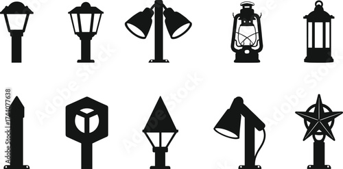 Set of vintage and modern lamp silhouettes, lantern and torch designs, decorative lighting vector illustration for architecture and fantasy themes
