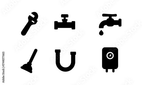 Minimalist plumbing icons set: tools, taps, and pipes in solid silhouette design