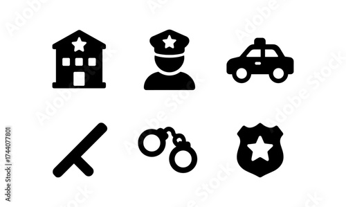 Minimalist police icons: officer, badge, patrol car, handcuffs, baton
