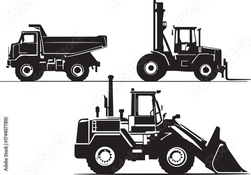 Construction vehicle icons with dump truck, forklift, and front-end loader in black silhouette style