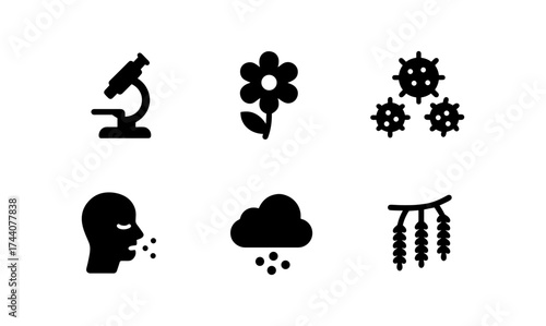 Allergy and cold symptoms icons in simple silhouette style