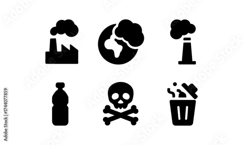 Set of environmental pollution silhouettes: factory, earth, smoke, plastic, skull, trash