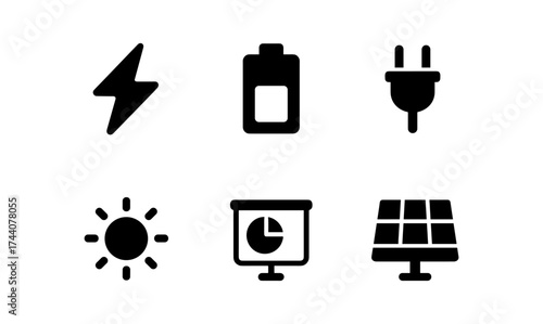 Minimalist energy icons set featuring solar panel, plug, battery, and more