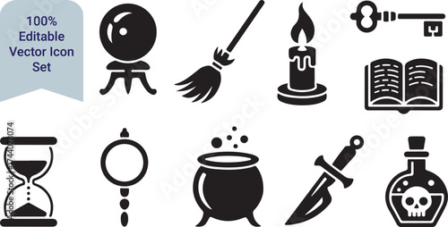 Collection of halloween and witch themed icons in silhouette style
