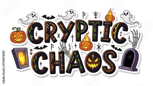 Cryptic Chaos: A spooky and playful design that spells out Cryptic Chaos, featuring Halloween motifs. This design combines elements of mystery and fun, perfect for holiday season.