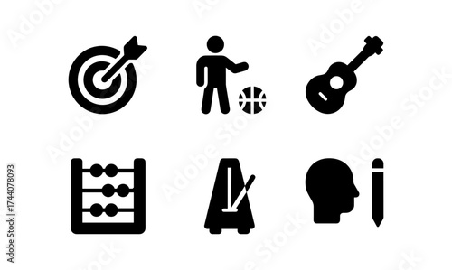 Education and recreation icons: target, sports, music, math, time, creativity