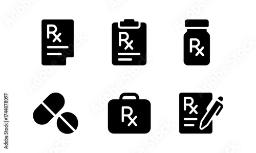 Medical prescription icons set: black silhouettes of rx symbols, pills, and medical forms