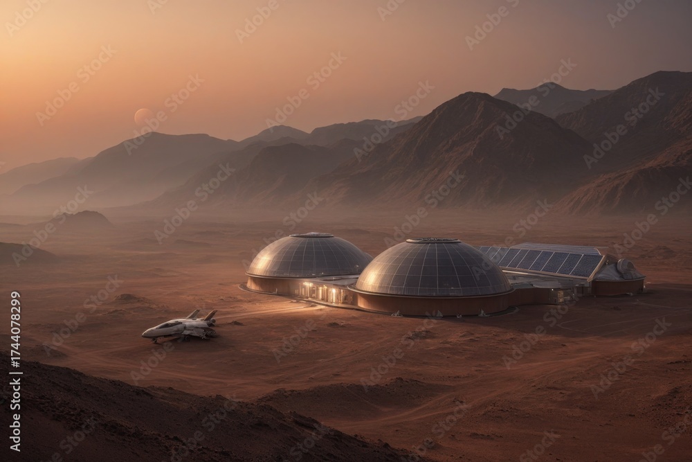 Obraz premium Mars-Kolonie mit futuristischen Kuppelstrukturen und außerirdischer Landschaft im Hintergrund