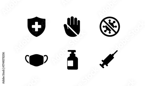 Health and safety icons: mask, shield, sanitizer, vaccine, virus prevention symbols
