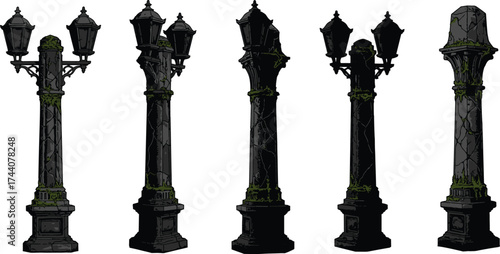 Set of gothic stone lamppost silhouettes with lanterns and moss, architectural design, aged structure vector illustration for fantasy environment themes