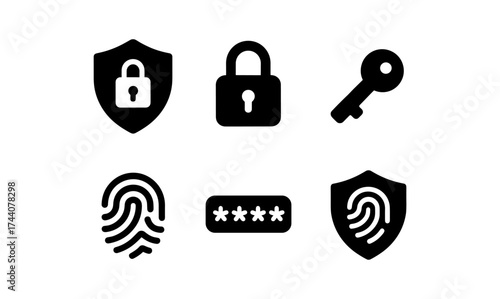 Security icons set featuring lock, key, fingerprint, and password symbols