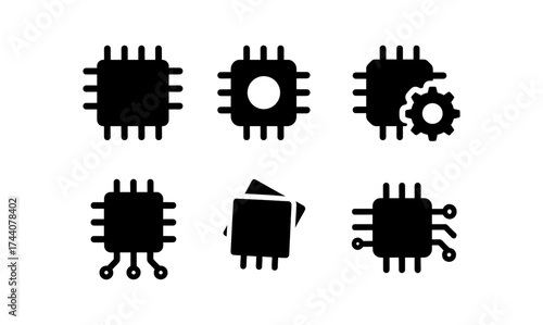 Set of microchip icons in silhouette style for technology concepts