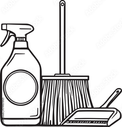 Cleaning supply icons with spray bottle, broom, and dustpan in black household line art style