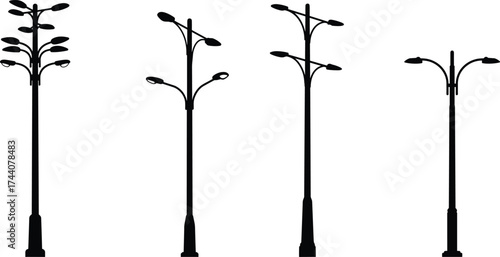 Set of urban street lamp post silhouettes, varied light fixture designs, public lighting concept, infrastructure vector illustration for city planning themes
