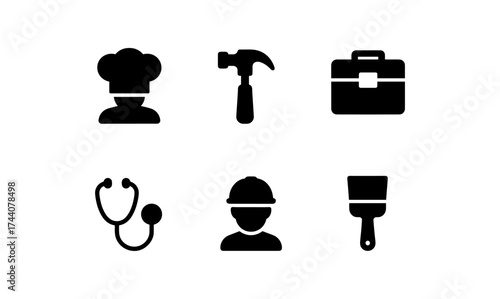 Minimalist occupation icons: chef, carpenter, doctor, engineer, painter, professional tools