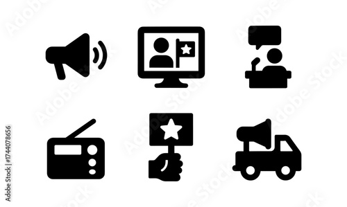 Silhouette icons of media and communication tools in modern design