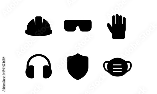 Essential safety equipment icons: hard hat, goggles, gloves, and more in simple silhouette style