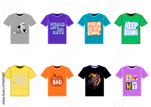 Collection of colorful t shirts with unique graphic designs for kids
