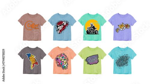 Collection of colorful t shirts with graphic designs and text